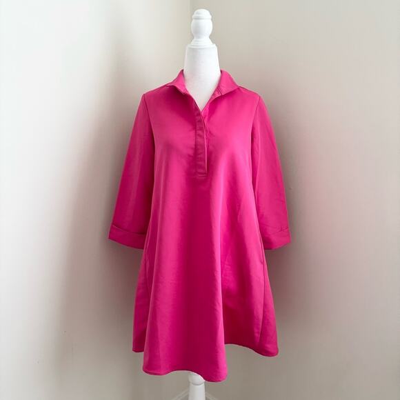 Tuckernuck Fuchsia Stretch Crepe Avery Mini Dress 3/4 Sleeves Neon Pink Vibrant - Picture 2 of 8